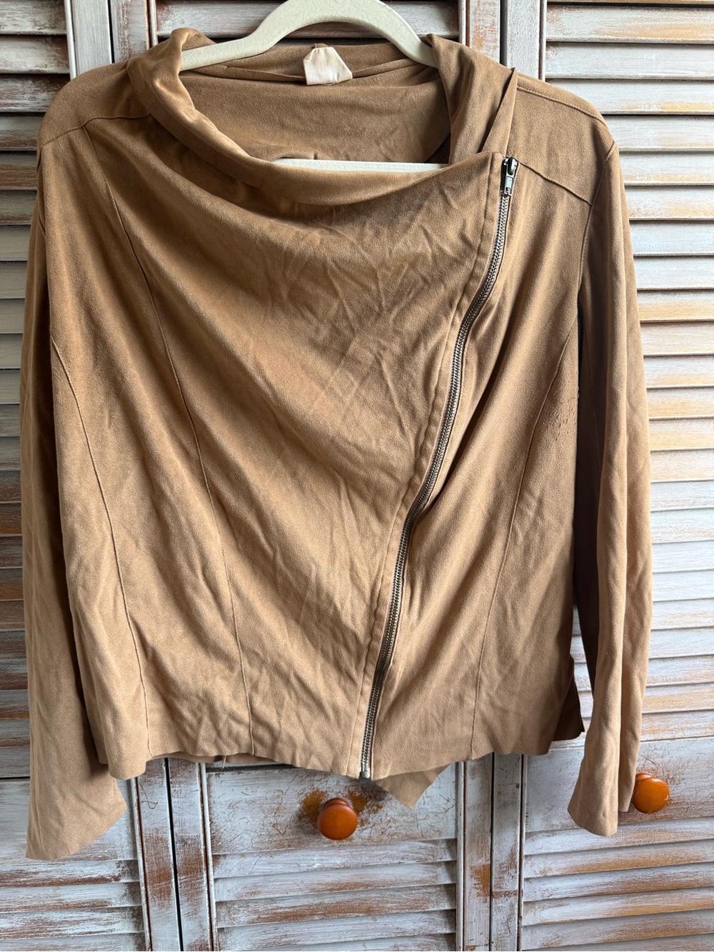 Cotton-Blend Asymmetrical Zip Jacket in Camel